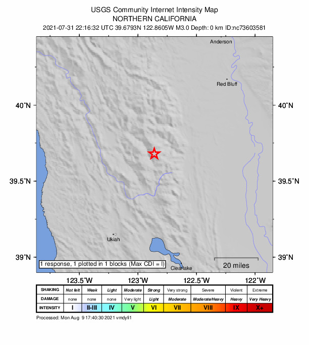 USGS DYFI community-reported intensity map for the M3.0 earthquake near 12km WNW of Alder Springs, CA