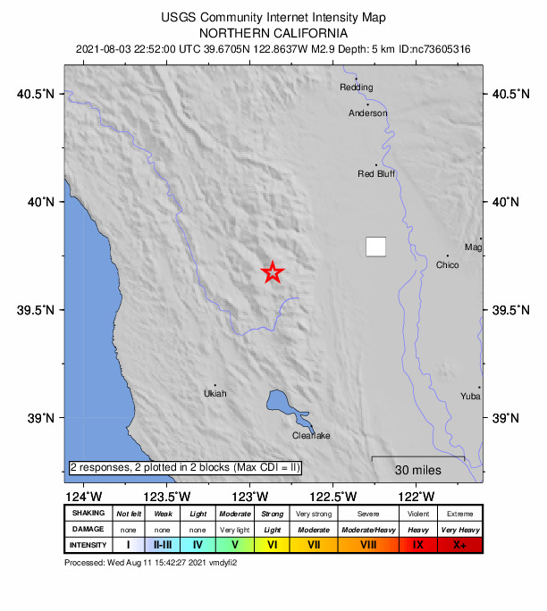 USGS DYFI community-reported intensity map for the M2.9 earthquake near 12km W of Alder Springs, CA