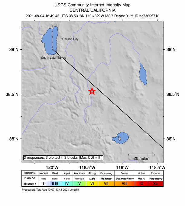 USGS DYFI community-reported intensity map for the M2.7 earthquake near 29km SSW of Smith Valley, NV