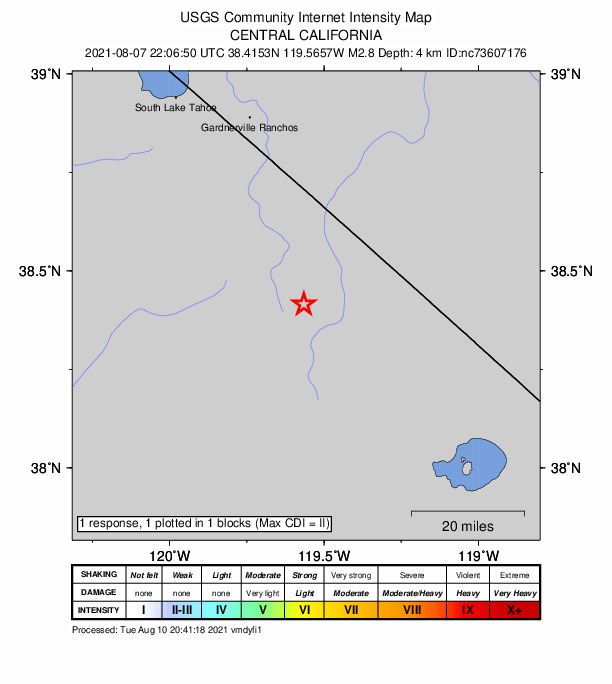 USGS DYFI community-reported intensity map for the M2.8 earthquake near 25km ENE of Dardanelle, CA