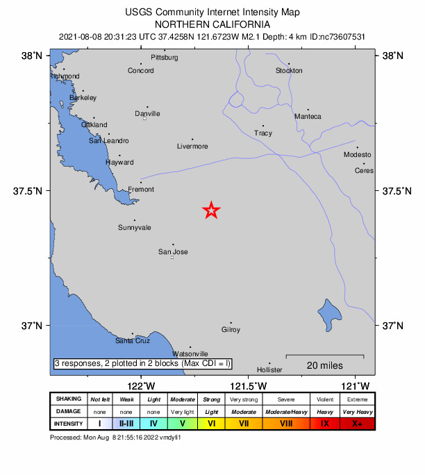 USGS DYFI community-reported intensity map for the M2.1 earthquake near 15km ENE of Alum Rock, CA