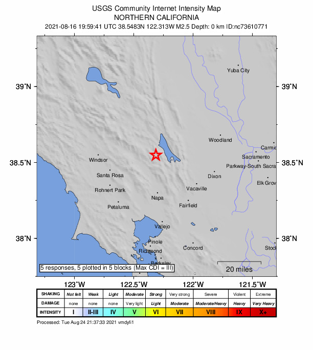 USGS DYFI community-reported intensity map for the M2.5 earthquake near 12km ESE of Angwin, CA