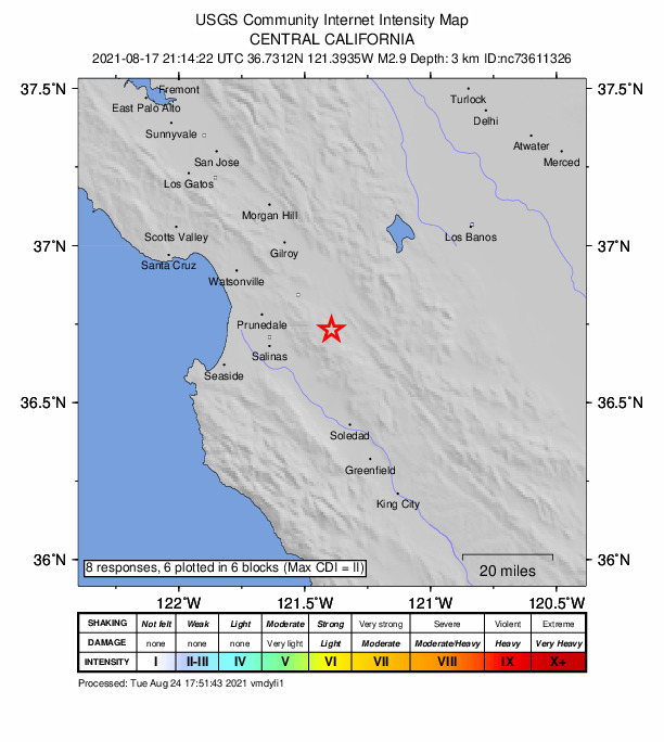 USGS DYFI community-reported intensity map for the M2.9 earthquake near 9km SW of Tres Pinos, CA