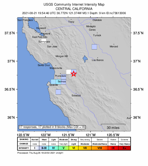 USGS DYFI community-reported intensity map for the M3.1 earthquake near 5km S of Ridgemark, CA