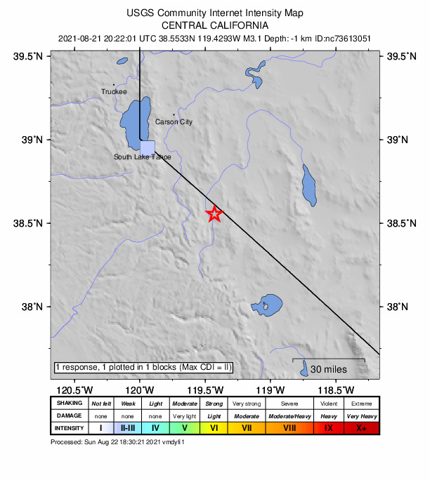 USGS DYFI community-reported intensity map for the M3.1 earthquake near 27km SSW of Smith Valley, NV