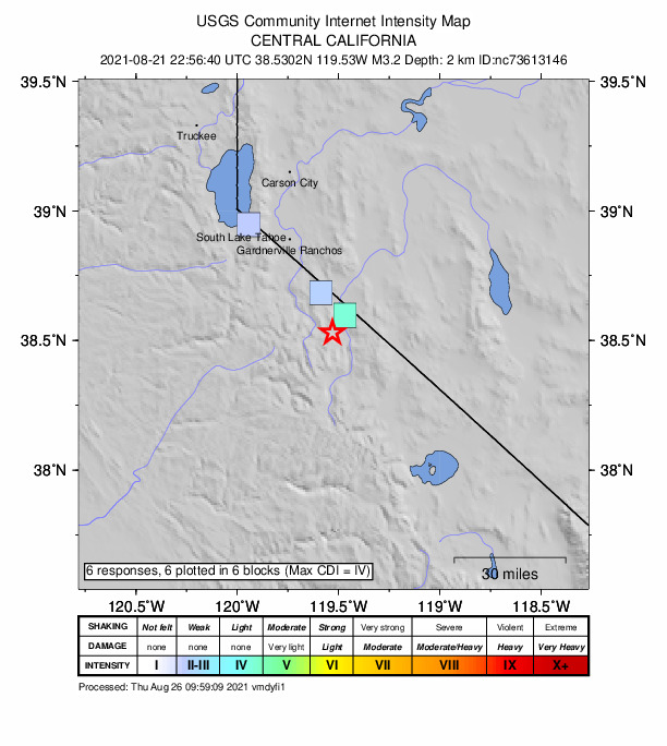 USGS DYFI community-reported intensity map for the M3.2 earthquake near 29km SE of Markleeville, CA