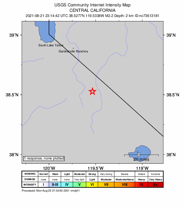 USGS DYFI community-reported intensity map for the M2.2 earthquake near 29km SE of Markleeville, CA