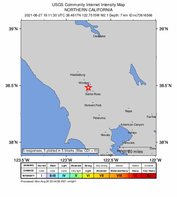 USGS DYFI community-reported intensity map for the M2.1 earthquake near 4km S of Larkfield-Wikiup, CA