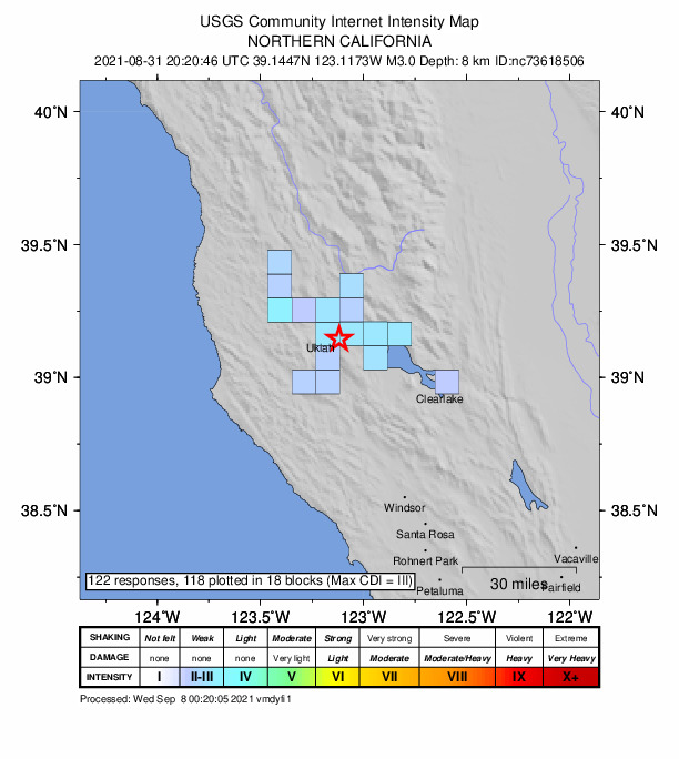 USGS DYFI community-reported intensity map for the M3.0 earthquake near 4km ENE of Talmage, CA