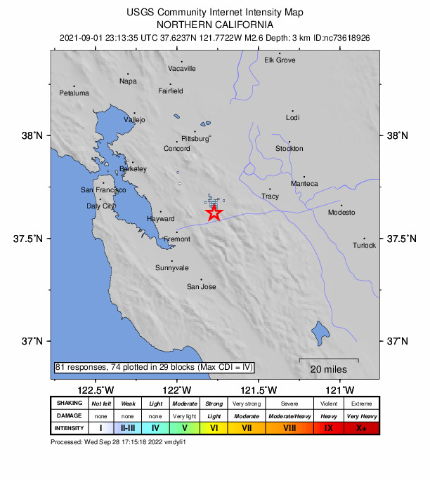 USGS DYFI community-reported intensity map for the M2.6 earthquake near 6km S of Livermore, CA