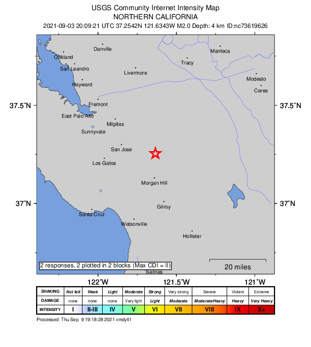 USGS DYFI community-reported intensity map for the M2.0 earthquake near 14km N of Morgan Hill, CA