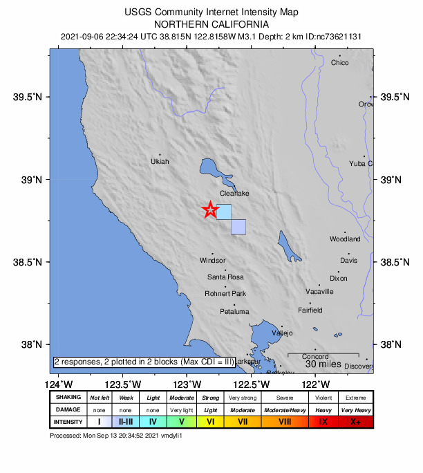 USGS DYFI community-reported intensity map for the M3.1 earthquake near 7km NW of The Geysers, CA