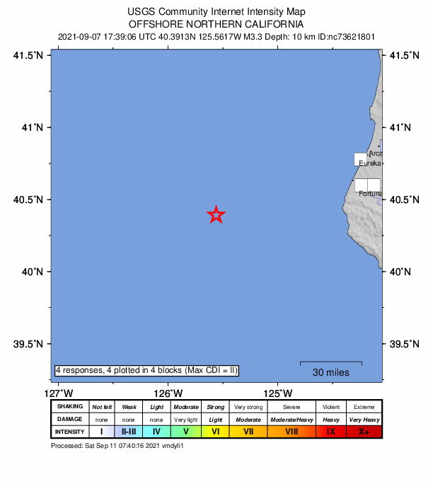 USGS DYFI community-reported intensity map for the M3.3 earthquake near 108km W of Petrolia, CA