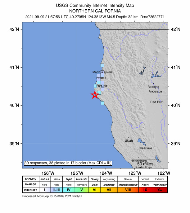 USGS DYFI community-reported intensity map for the M4.5 earthquake near 10km SW of Petrolia, CA