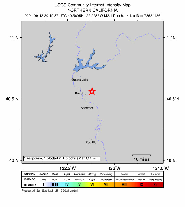 USGS DYFI community-reported intensity map for the M2.1 earthquake near 0km S of Palo Cedro, CA