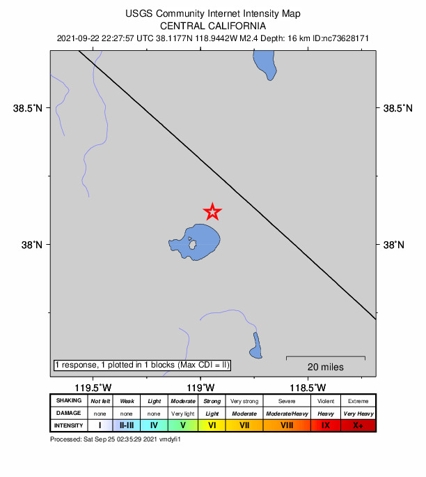 USGS DYFI community-reported intensity map for the M2.4 earthquake near 12km SSE of Bodie, CA