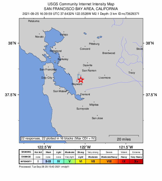 USGS DYFI community-reported intensity map for the M2.1 earthquake near 2km E of Hayward, CA