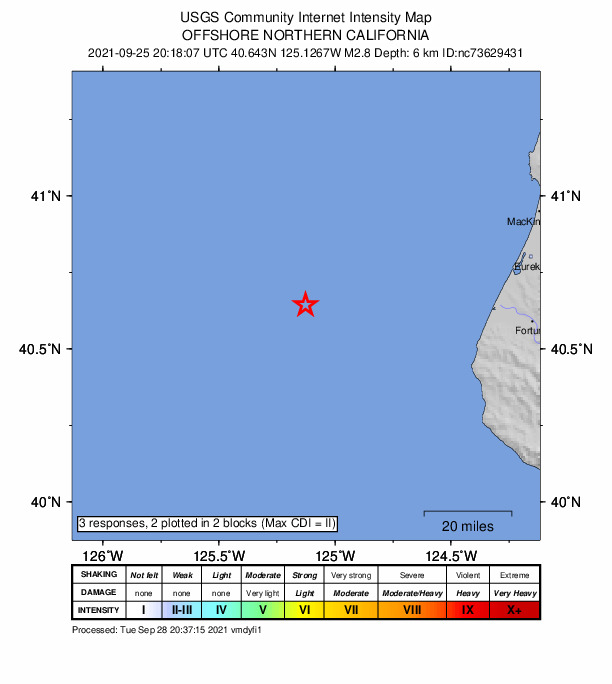 USGS DYFI community-reported intensity map for the M2.8 earthquake near 73km W of Ferndale, CA