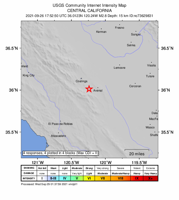 USGS DYFI community-reported intensity map for the M2.8 earthquake near 10km W of Avenal, CA