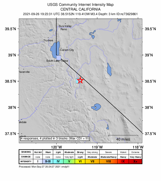 USGS DYFI community-reported intensity map for the M3.4 earthquake near 30km SSW of Smith Valley, NV