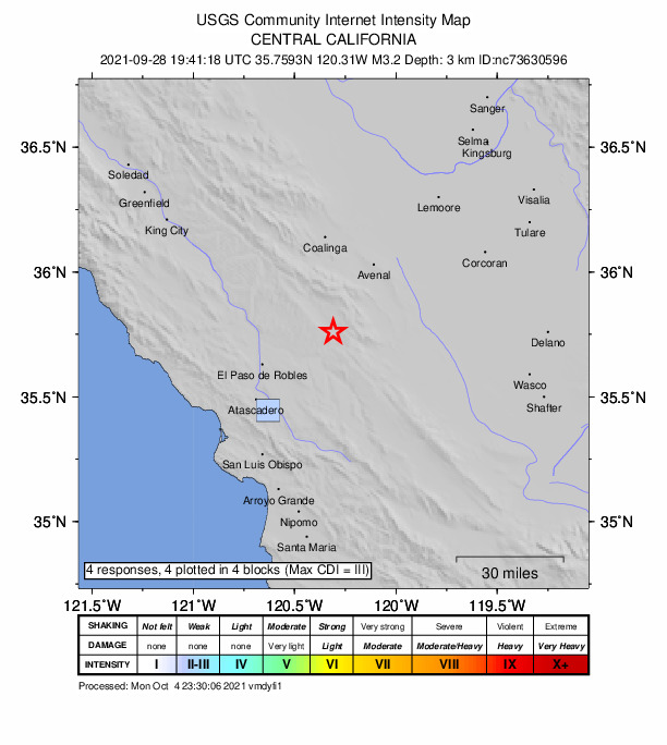 USGS DYFI community-reported intensity map for the M3.2 earthquake near 4km NNW of Cholame, CA
