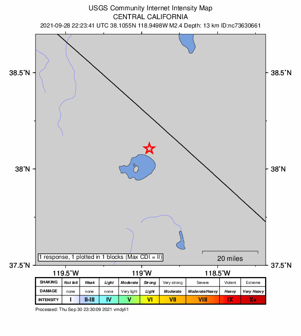 USGS DYFI community-reported intensity map for the M2.4 earthquake near 13km SSE of Bodie, CA