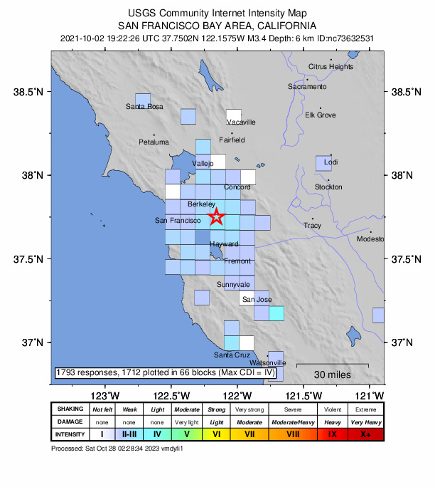 USGS DYFI community-reported intensity map for the M3.4 earthquake near 3km N of San Leandro, CA
