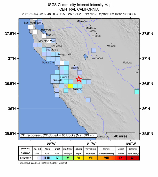 USGS DYFI community-reported intensity map for the M3.7 earthquake near 14km WNW of Pinnacles, CA