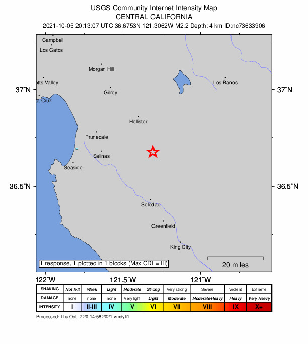 USGS DYFI community-reported intensity map for the M2.2 earthquake near 13km S of Tres Pinos, CA