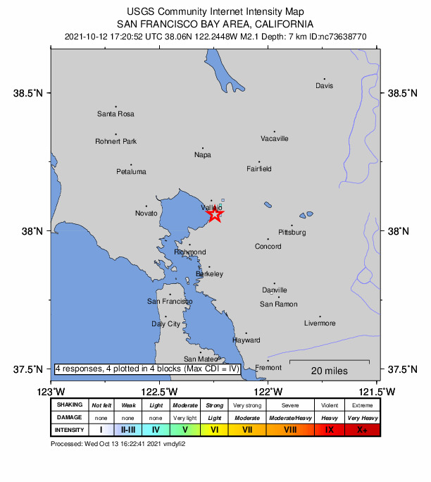 USGS DYFI community-reported intensity map for the M2.1 earthquake near 3km WNW of Crockett, CA