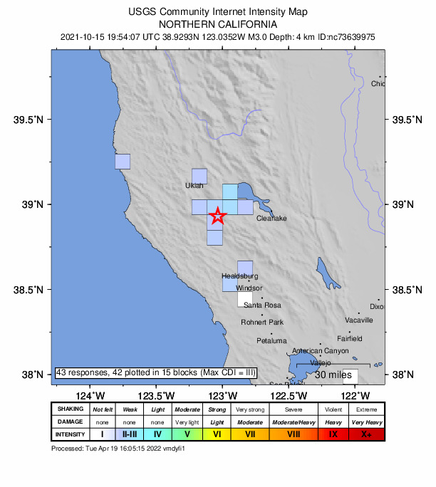 USGS DYFI community-reported intensity map for the M3.0 earthquake near 14km N of Cloverdale, CA
