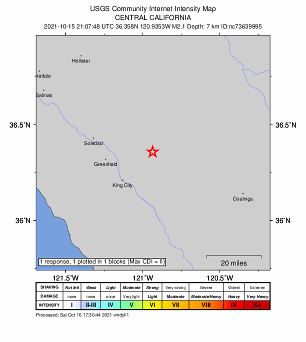 USGS DYFI community-reported intensity map for the M2.1 earthquake near 24km NE of King City, CA