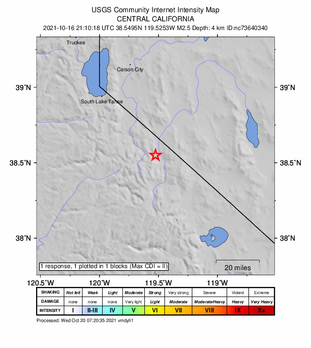USGS DYFI community-reported intensity map for the M2.5 earthquake near 6km NW of Walker, CA
