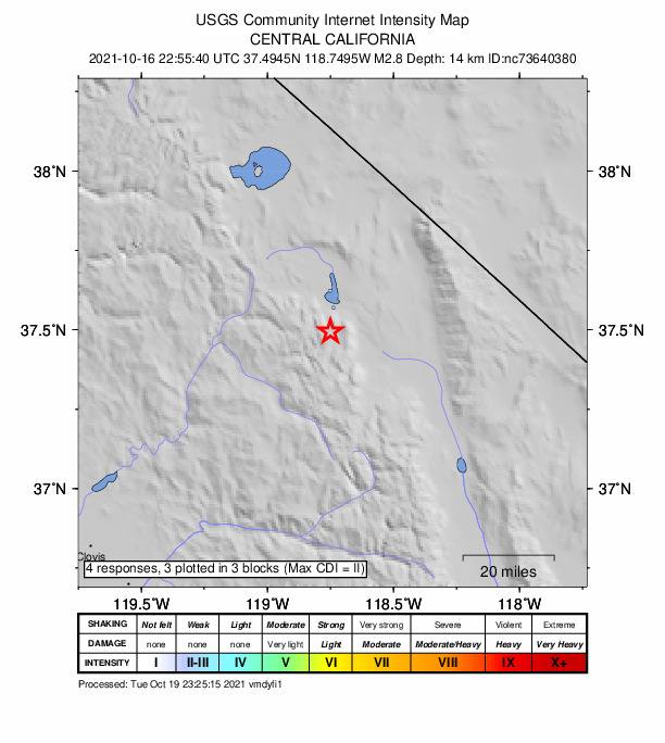 USGS DYFI community-reported intensity map for the M2.8 earthquake near 10km SW of Toms Place, CA