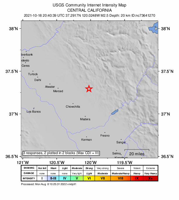 USGS DYFI community-reported intensity map for the M2.5 earthquake near 21km ENE of Le Grand, CA