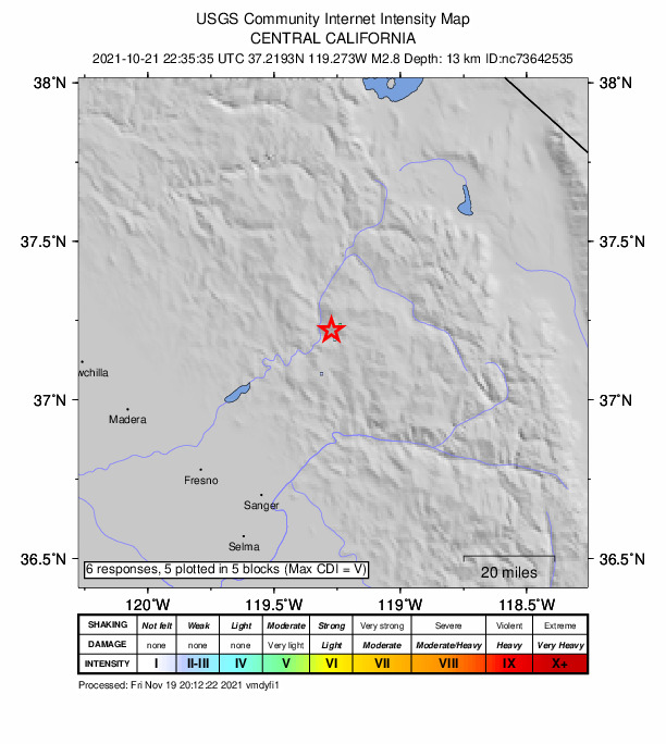 USGS DYFI community-reported intensity map for the M2.8 earthquake near 14km NNE of Shaver Lake, CA