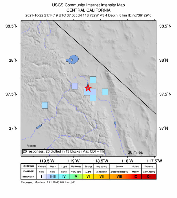 USGS DYFI community-reported intensity map for the M3.4 earthquake near 5km WNW of Toms Place, CA