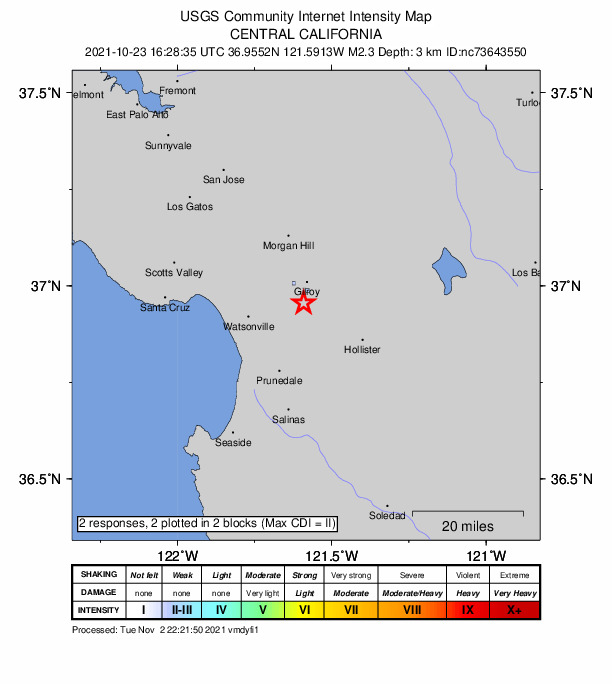 USGS DYFI community-reported intensity map for the M2.3 earthquake near 6km SSW of Gilroy, CA