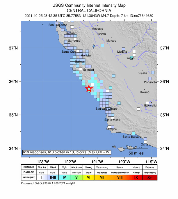 USGS DYFI community-reported intensity map for the M4.7 earthquake near 18km NW of San Simeon, CA
