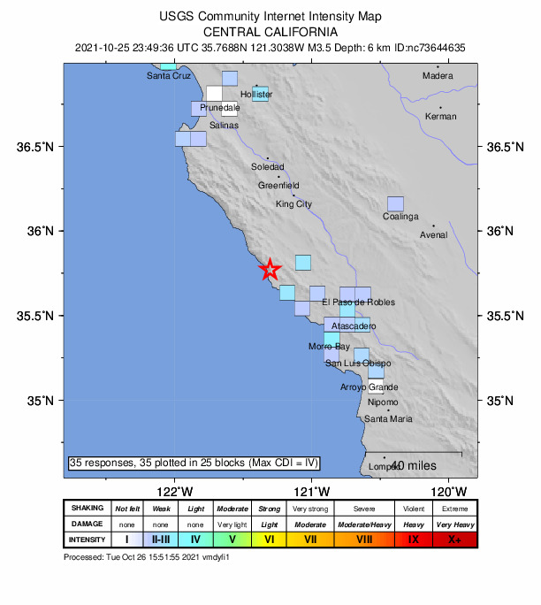 USGS DYFI community-reported intensity map for the M3.5 earthquake near 17km NW of San Simeon, CA