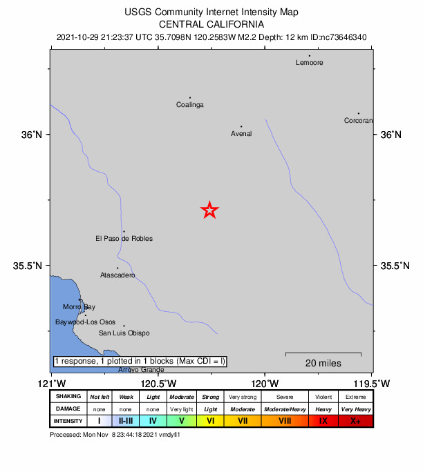 USGS DYFI community-reported intensity map for the M2.2 earthquake near 4km ESE of Cholame, CA