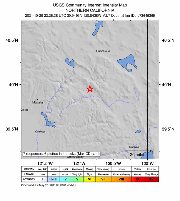 USGS DYFI community-reported intensity map for the M2.7 earthquake near 5km ENE of East Quincy, CA