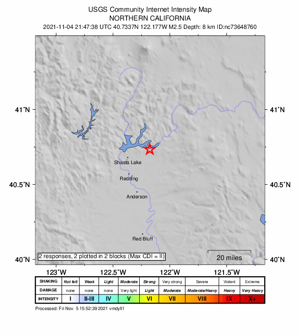 USGS DYFI community-reported intensity map for the M2.5 earthquake near 11km NNE of Bella Vista, CA