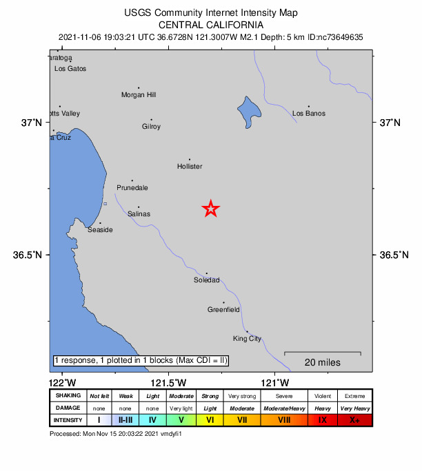 USGS DYFI community-reported intensity map for the M2.1 earthquake near 13km S of Tres Pinos, CA