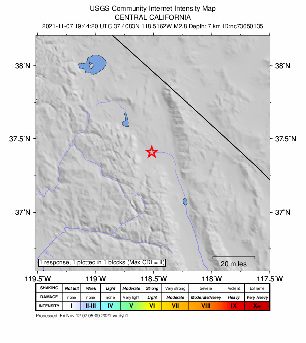 USGS DYFI community-reported intensity map for the M2.8 earthquake near 7km E of Round Valley, CA