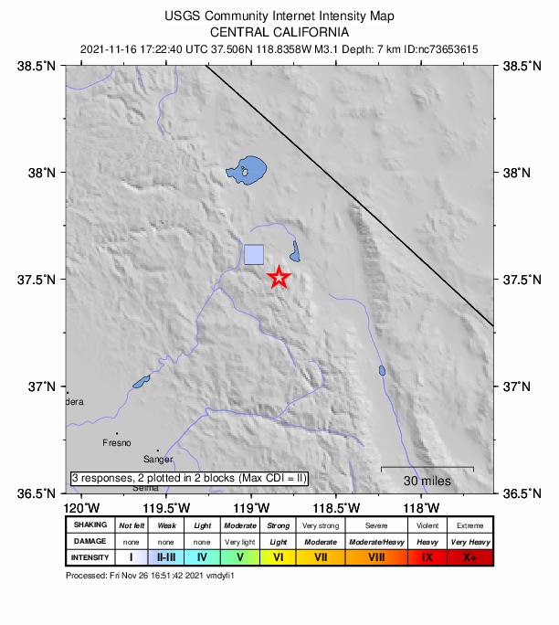 USGS DYFI community-reported intensity map for the M3.1 earthquake near 15km WSW of Toms Place, CA