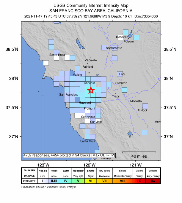 USGS DYFI community-reported intensity map for the M3.9 earthquake near 1km NE of San Ramon, CA