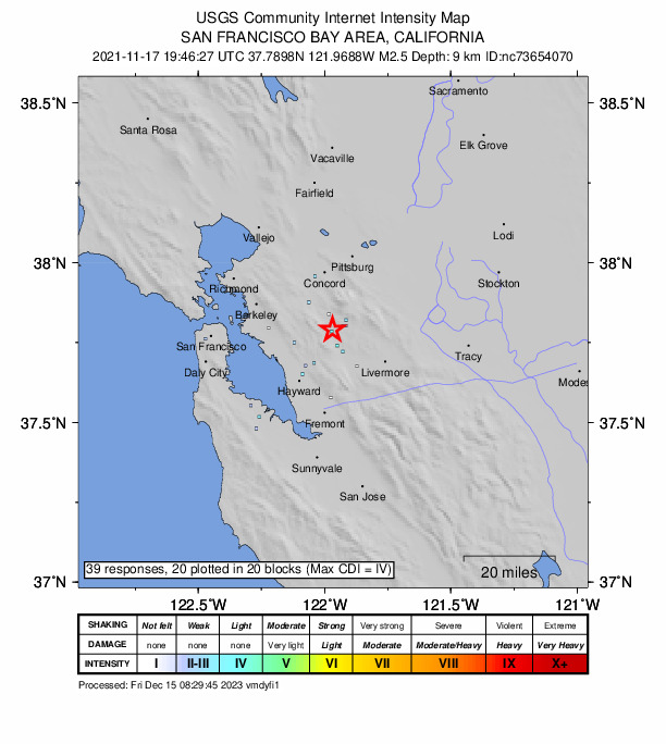 USGS DYFI community-reported intensity map for the M2.5 earthquake near 1km NE of San Ramon, CA