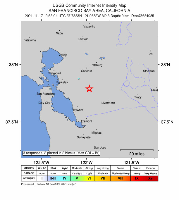 USGS DYFI community-reported intensity map for the M2.3 earthquake near 1km NE of San Ramon, CA
