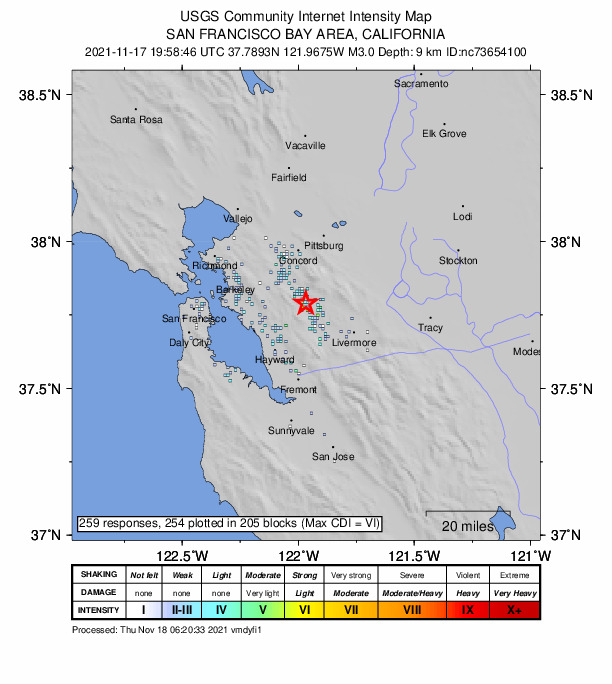 USGS DYFI community-reported intensity map for the M3.0 earthquake near 1km NE of San Ramon, CA
